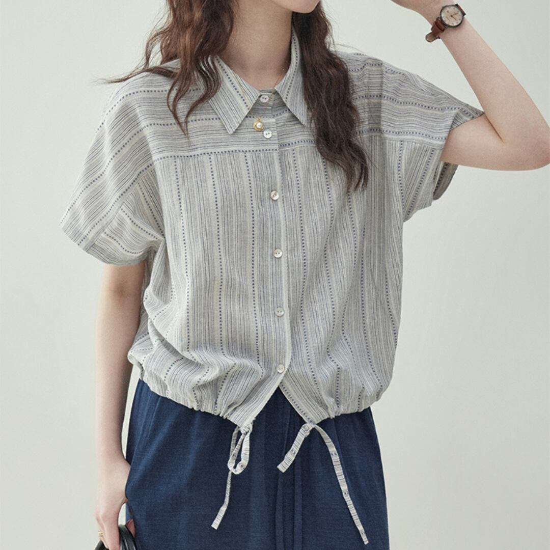 retro stripe cotton drawstring shirt