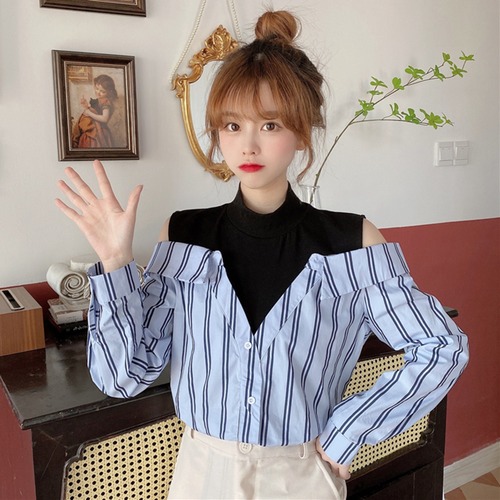 ✞ ストラップレスストライプシャツブラウス♡大人女子☆ ロング スウィート ステッチ ✞ゴスロリ SM ミリ 甘ロリ クラロリ 和ロリ エレガント 黒ロリ 姫ロリ 華ロリ BB-BB81227516764