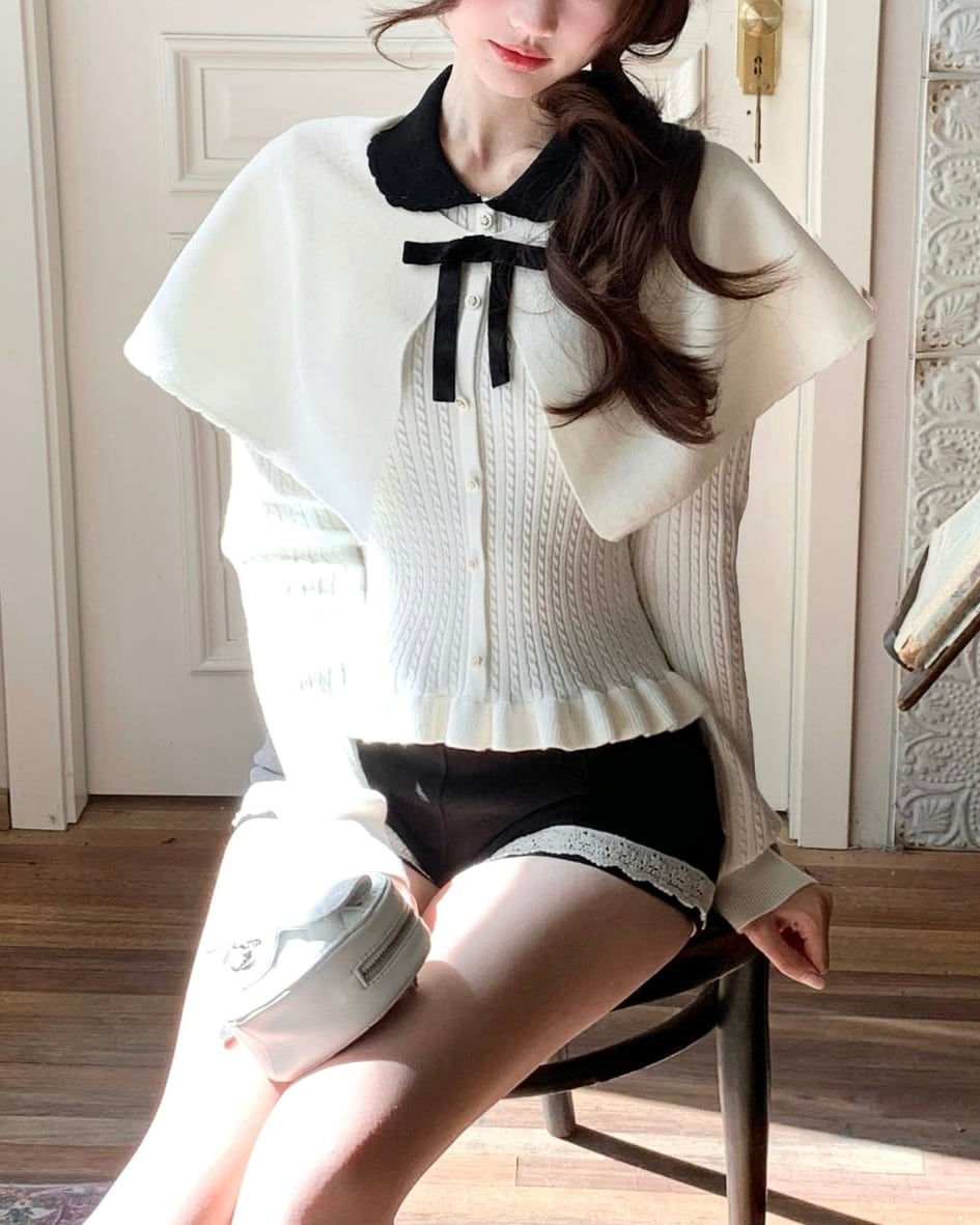 モノトーンリボンケープ&カーディガン&ショートパンツ3点セット 25W08201