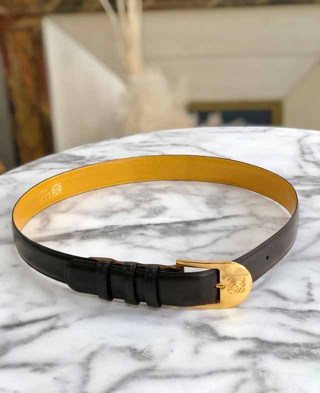 LOEWE 　ロエベ　アナグラム　レザー　ベルト　ブラウン×イエロー　vintage　ヴィンテージ　オールド　jy6jj5