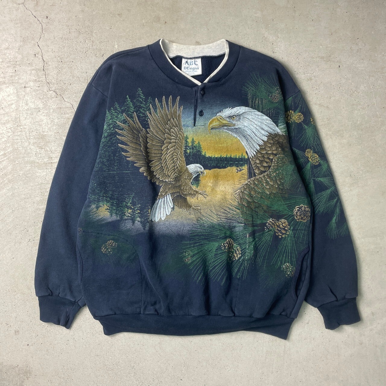 90年代 USA製 ABC DEsigns ヘンリーネック スウェットシャツ 鷹 