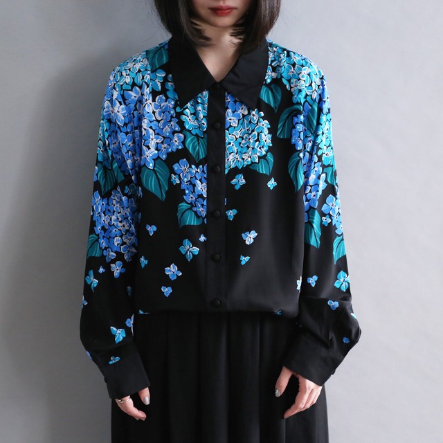 cold color flower and silver beads l/s silk shirt