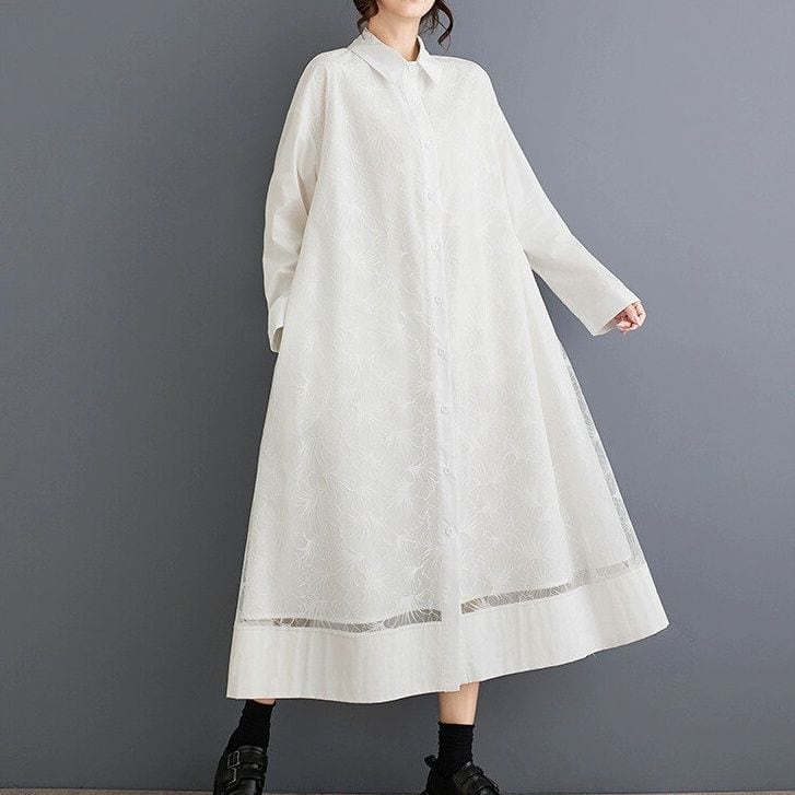 MESH STITCH SOLID A-LINE LONG SHIRT DRESS 2colors M-15484