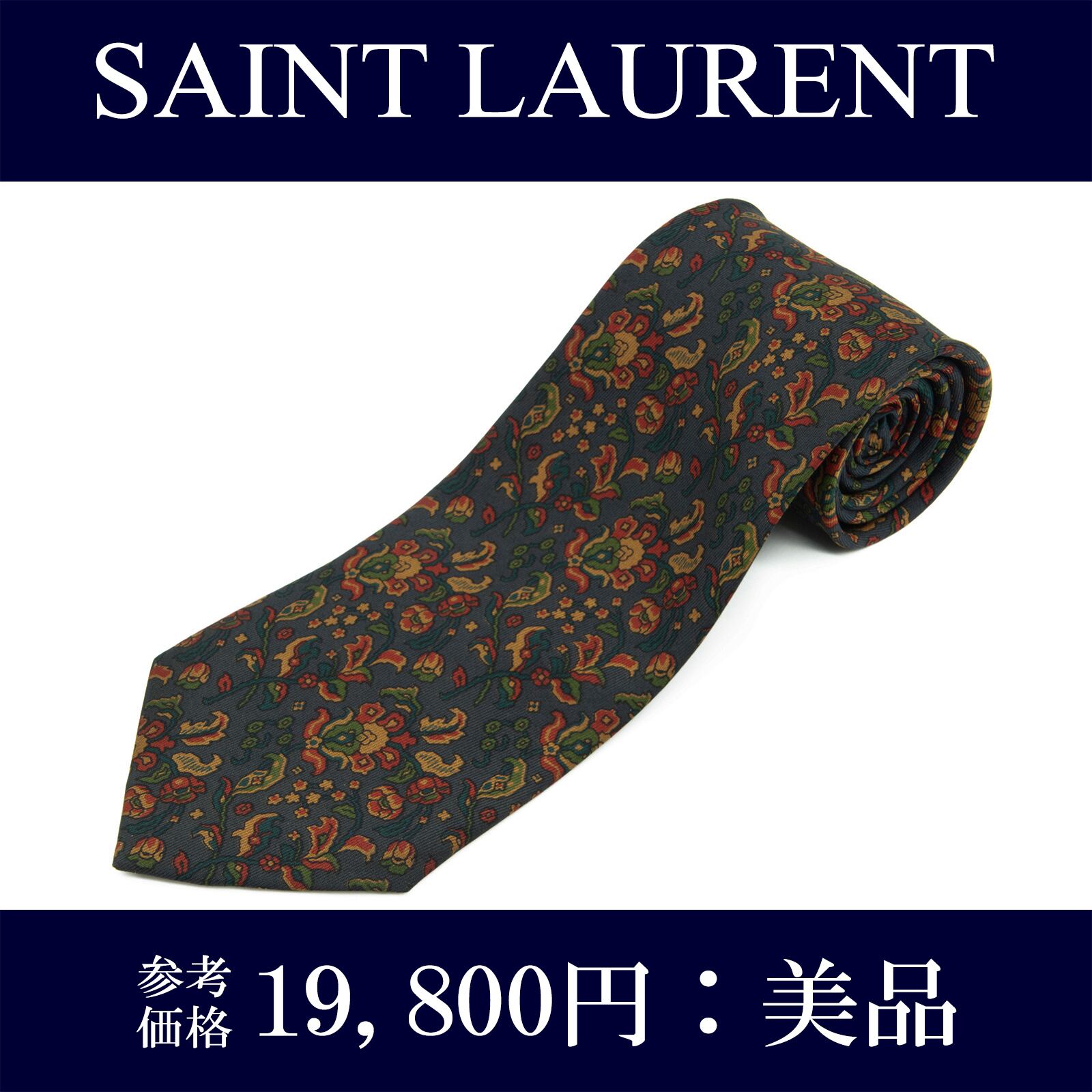 送料無料 サンローラン ネクタイ レギュラータイ シルク 黒 赤 緑 黄土色 カーキー ブランド 人気 花 フラワー 珍しい おしゃれ 綺麗 N721