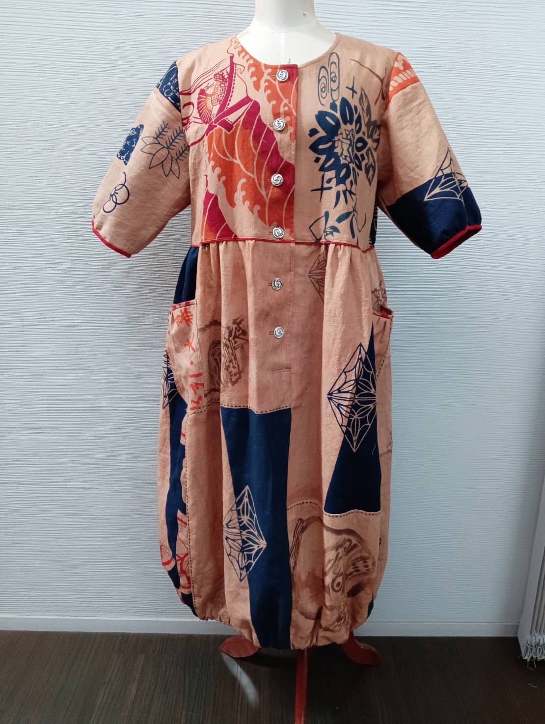wn-26 柿渋染め手拭いワンピース | 古布・和布の創作服｜着物リメイク