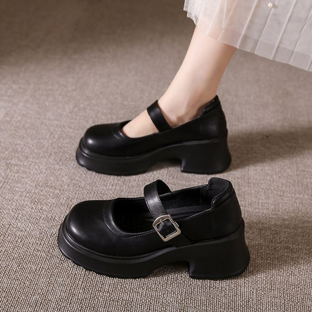 ストラップ  厚底 プレーントゥ シューズ  90015