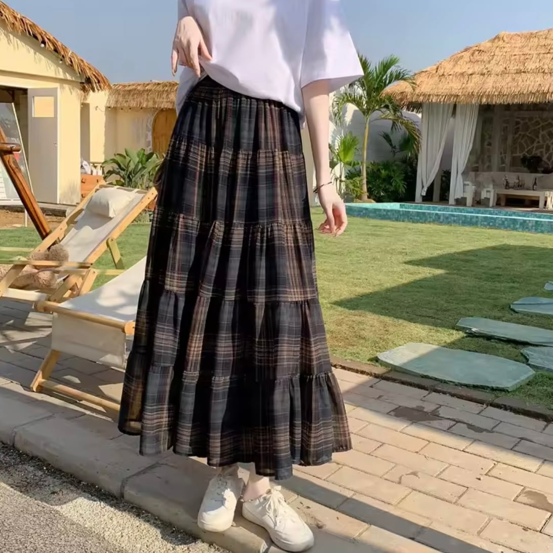 brown check chiffon skirt