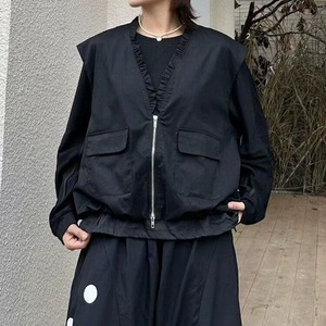 FRILLED V-NECK SOLID ZIP VEST JACKET & WIDE LEG CROPPED PANTS 2colors M-14760