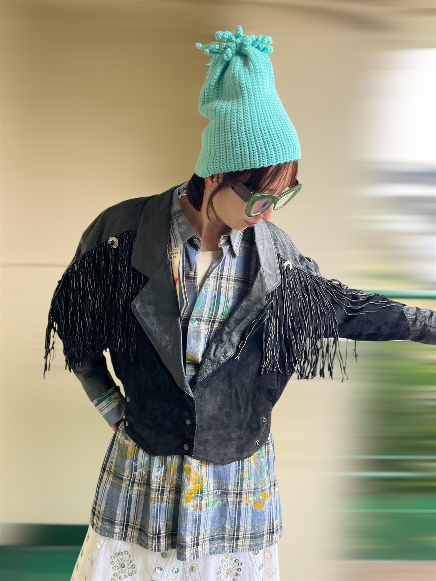 80s black leather fringe jacket