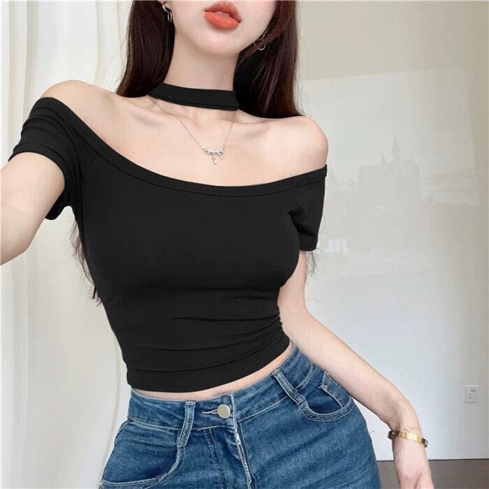 ワンショルダーホルターネックTシャツレディース、夏デザイン、大きな