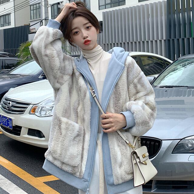 ジャケット パーカー レディース アウター ショート丈 もこもこ ファー レイヤード風 異素材ミックス S/M/L