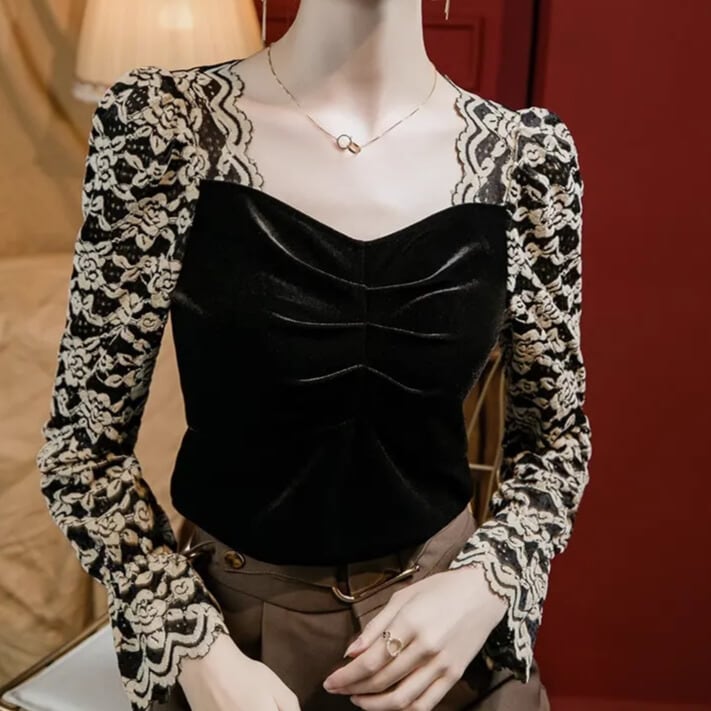 ベロア×レース エレガントトップス ds1414