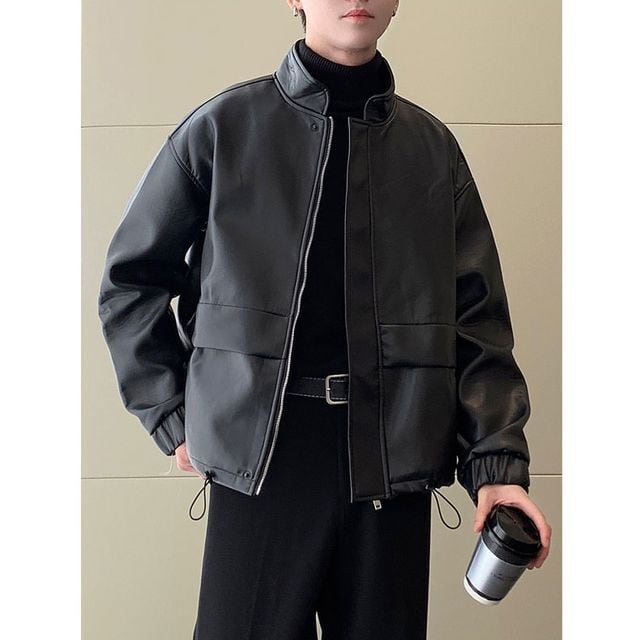 予約販売】レザージャケット メンズ ショート丈 アウター 革ジャン 黒