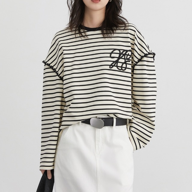 Color‑block striped embroidered crew‑neck long‑sleeve tee