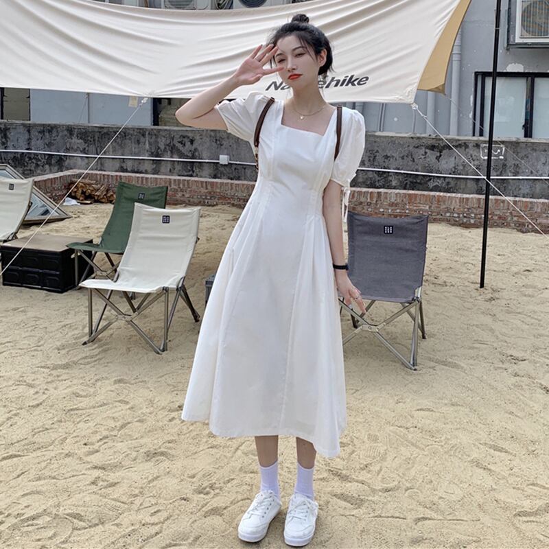 ホワイトスリーブドレス サマースタイル薄手ロングスカート 夏物 スクウェア YY-ファッション83929094676