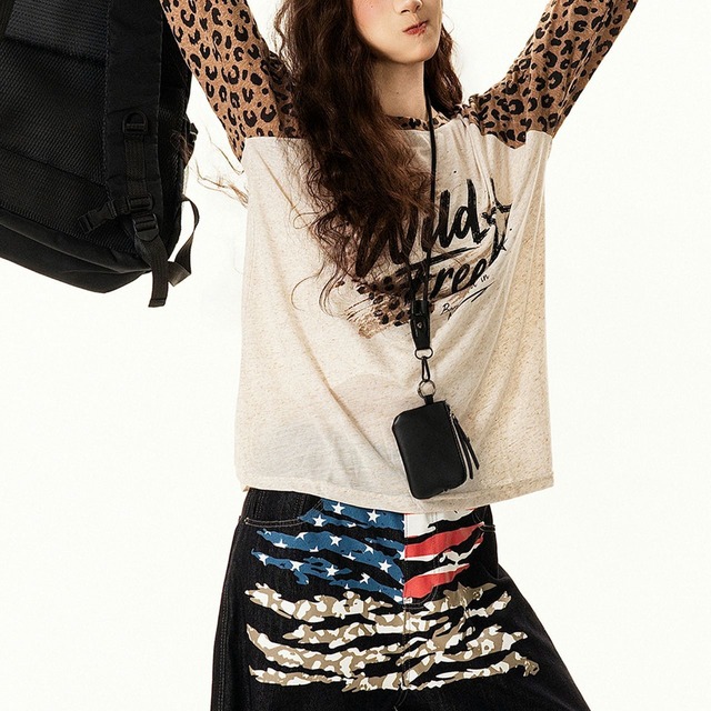 レオパードスリーブグラフィックロングスリーブTシャツ 1col   R02557