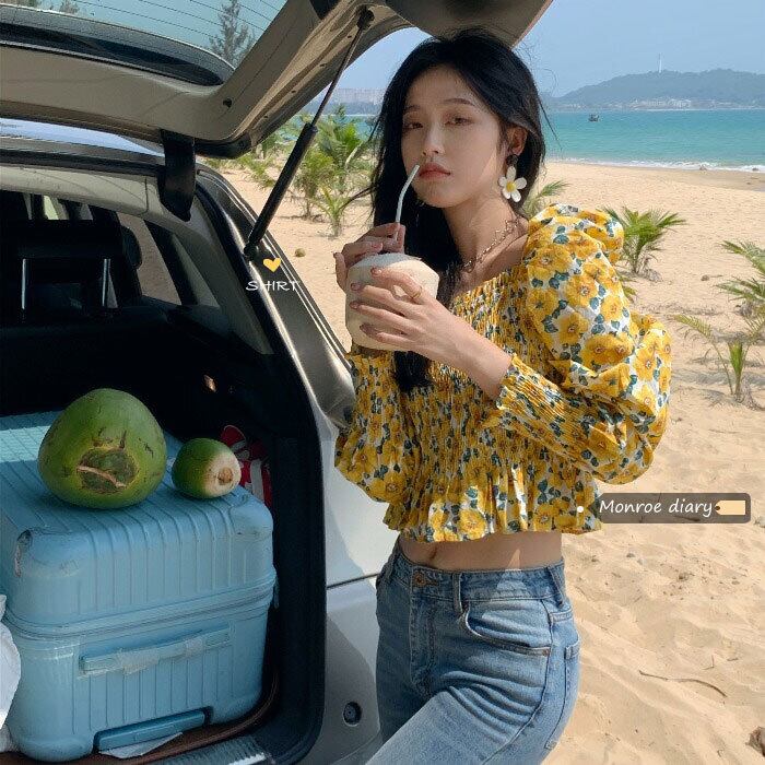 スタンダードフローラルシャツ カラートップス オータムショート ロング レトロ 秋物 花柄 スクウェア モンロー95360185869