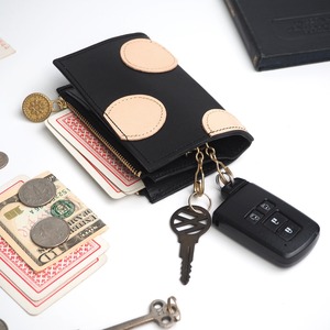 Key case with zipper pocket (polka dot patchwork/black) [Holds a lot of cards]