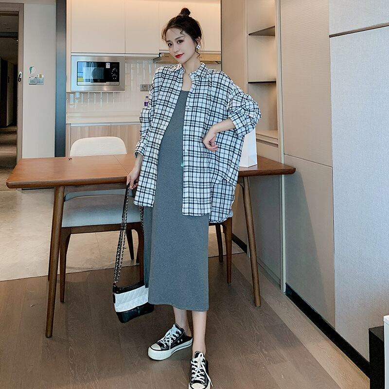 【新作】【送料無料】 マタニティウェア2020秋冬新作コットンとリネンのチェック柄ラペルシャツ+ミドル丈サスペンダースカート2枚の年齢を下げた妊婦-アリババ オータム 秋物 ウィンター 冬物 expec215674803597