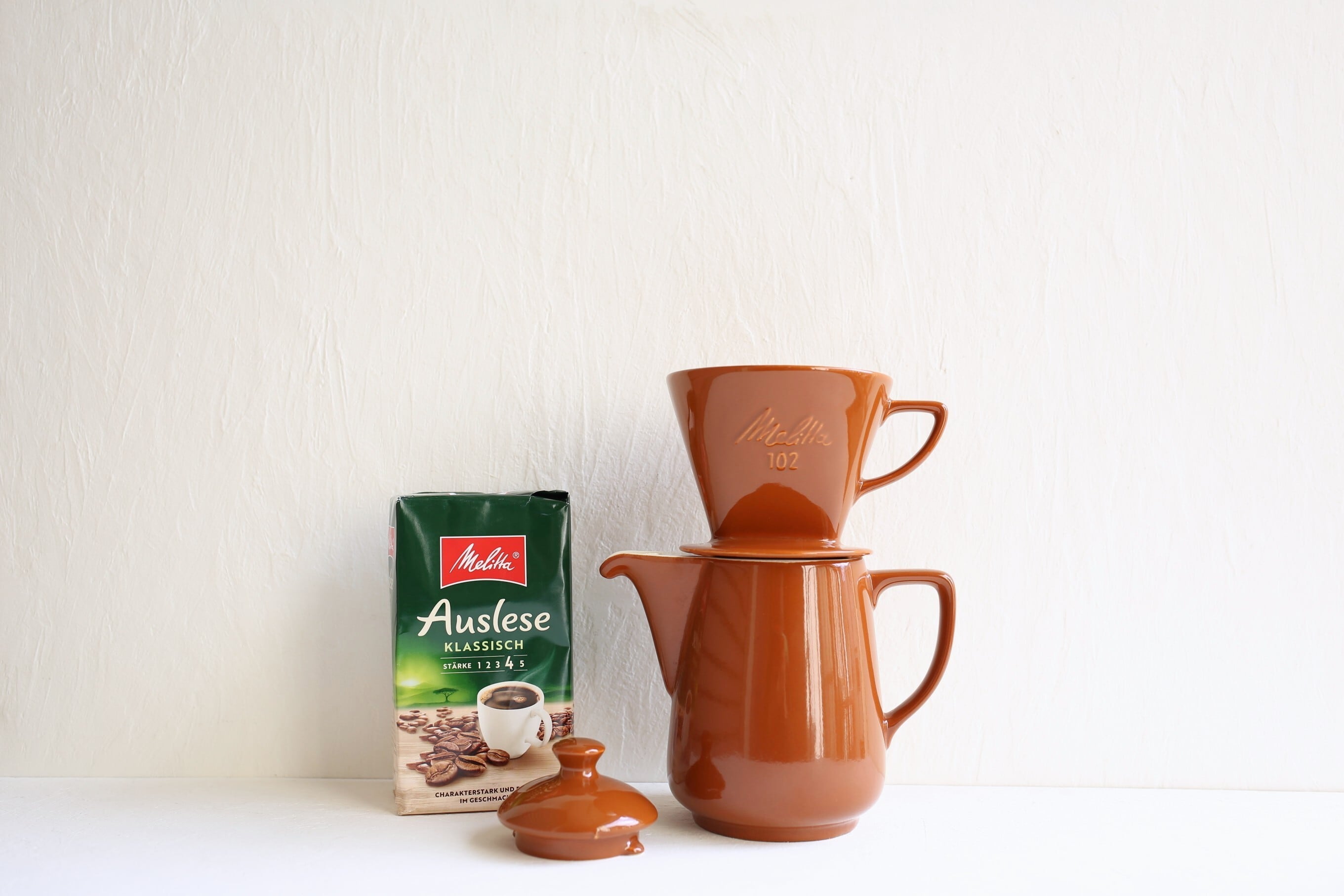 ドイツ ヴィンテージ Melitta メリタ 陶器 ポット + ドリッパー『102』3つ穴 ブラウン セット N-06128
