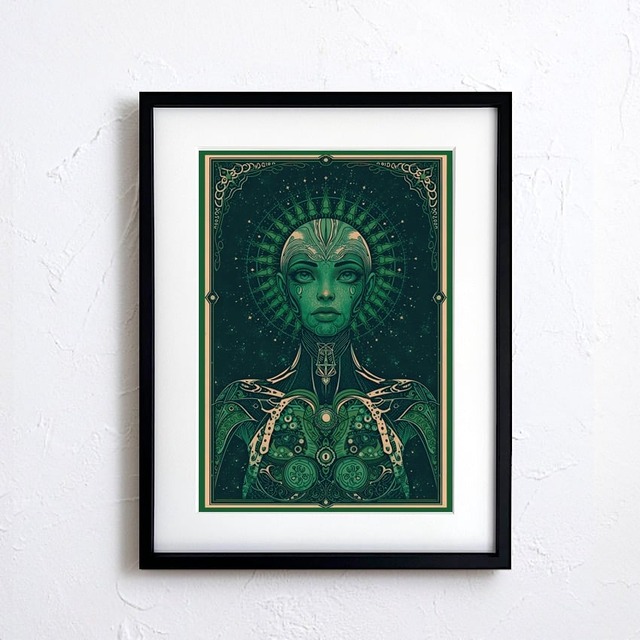 Emerald Oracle｜叡智と再生を象徴する神秘的ポートレートアート｜緑の秩序が空間を整える一枚｜A3ポスター