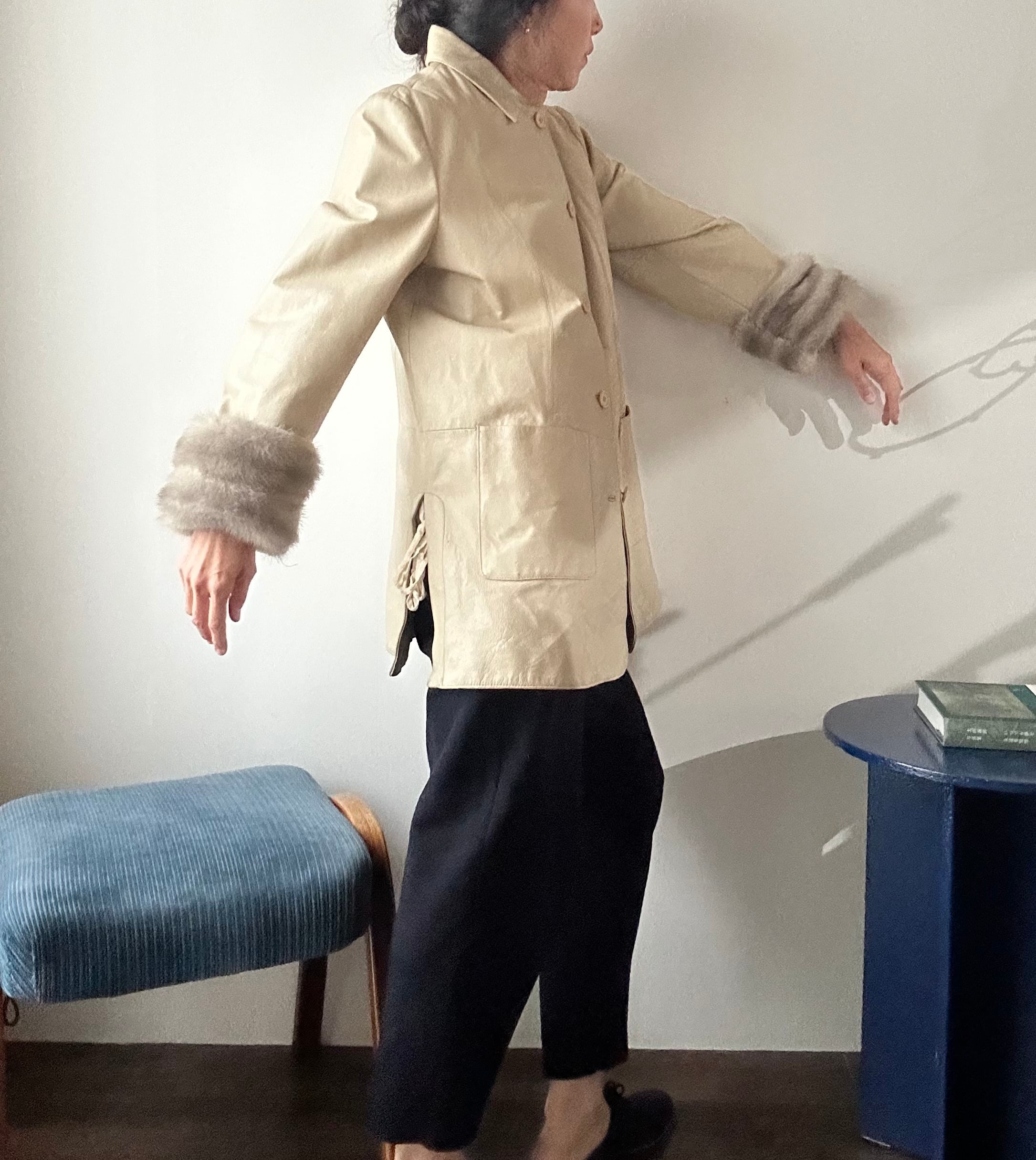 Vintage leather sleeves fur jacket/ beige