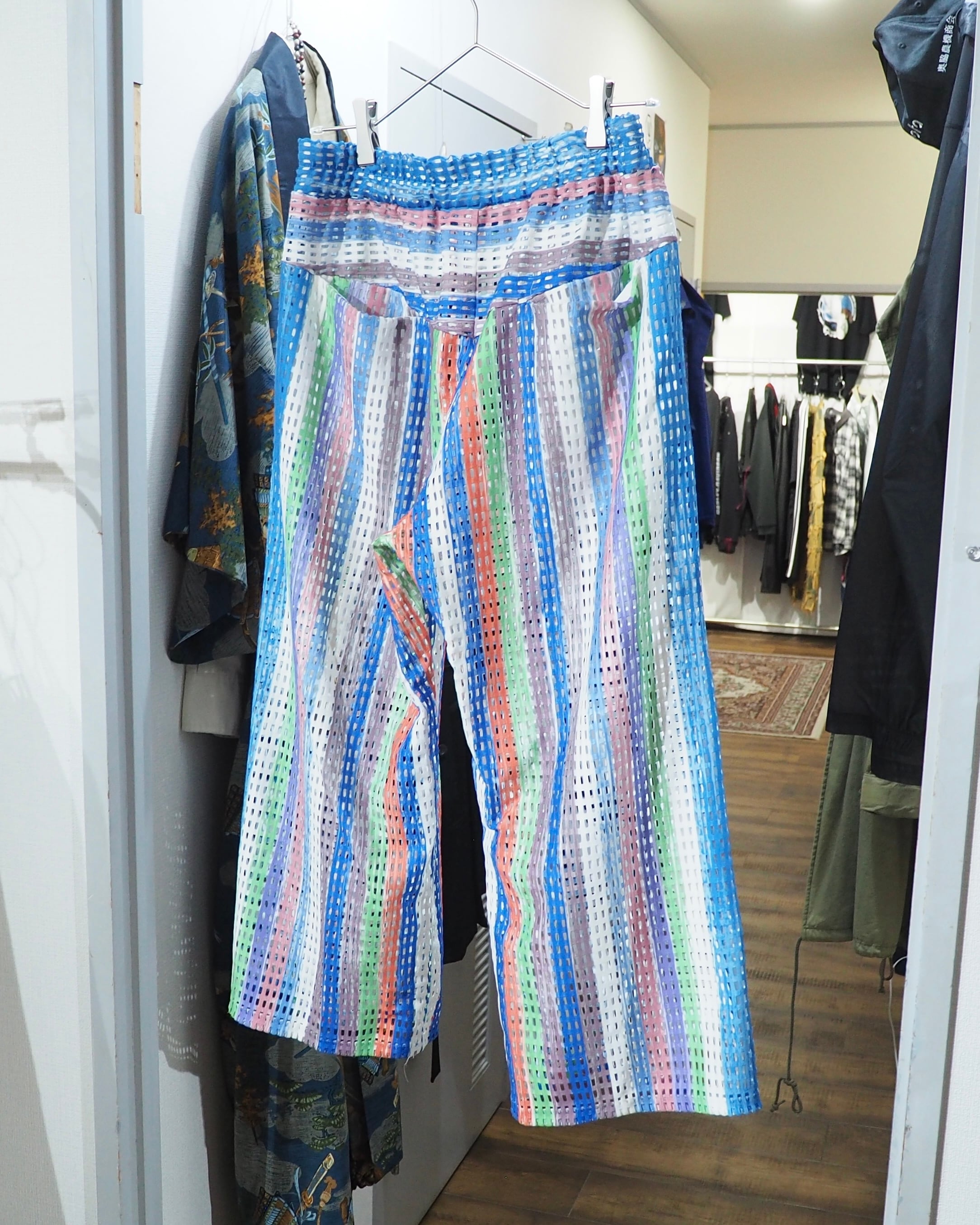 16SS " PLASTIC TOKYO " Multi Color Stripe painted Sheer Wide Pants