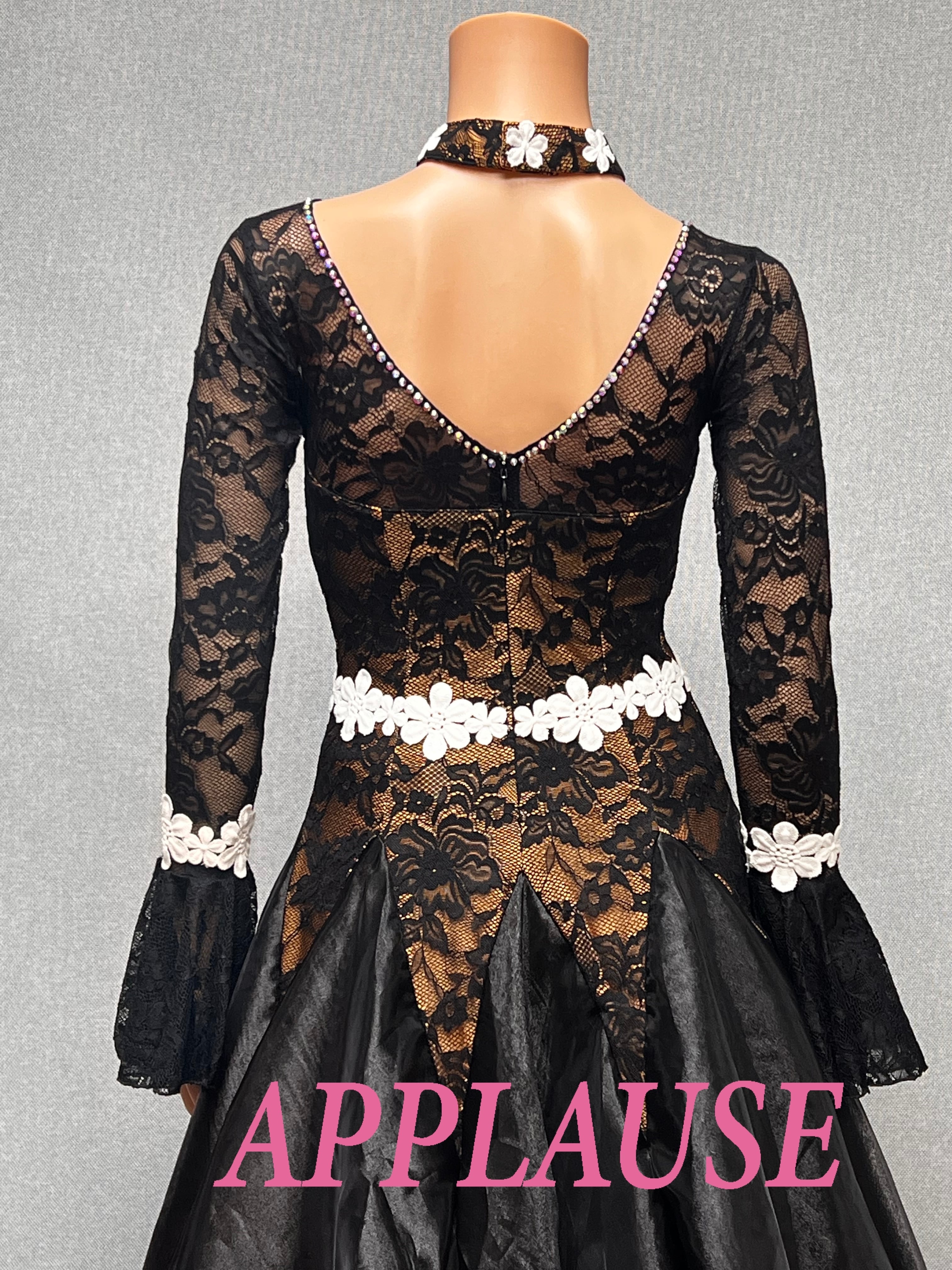 【新着】社交ダンス ドレス　スタンダード　モダンドレス　ブラック（レース）　M　ST-25-31　デモ・競技用ドレス　発表会衣装　パーティドレス　ワンピース　舞台衣装