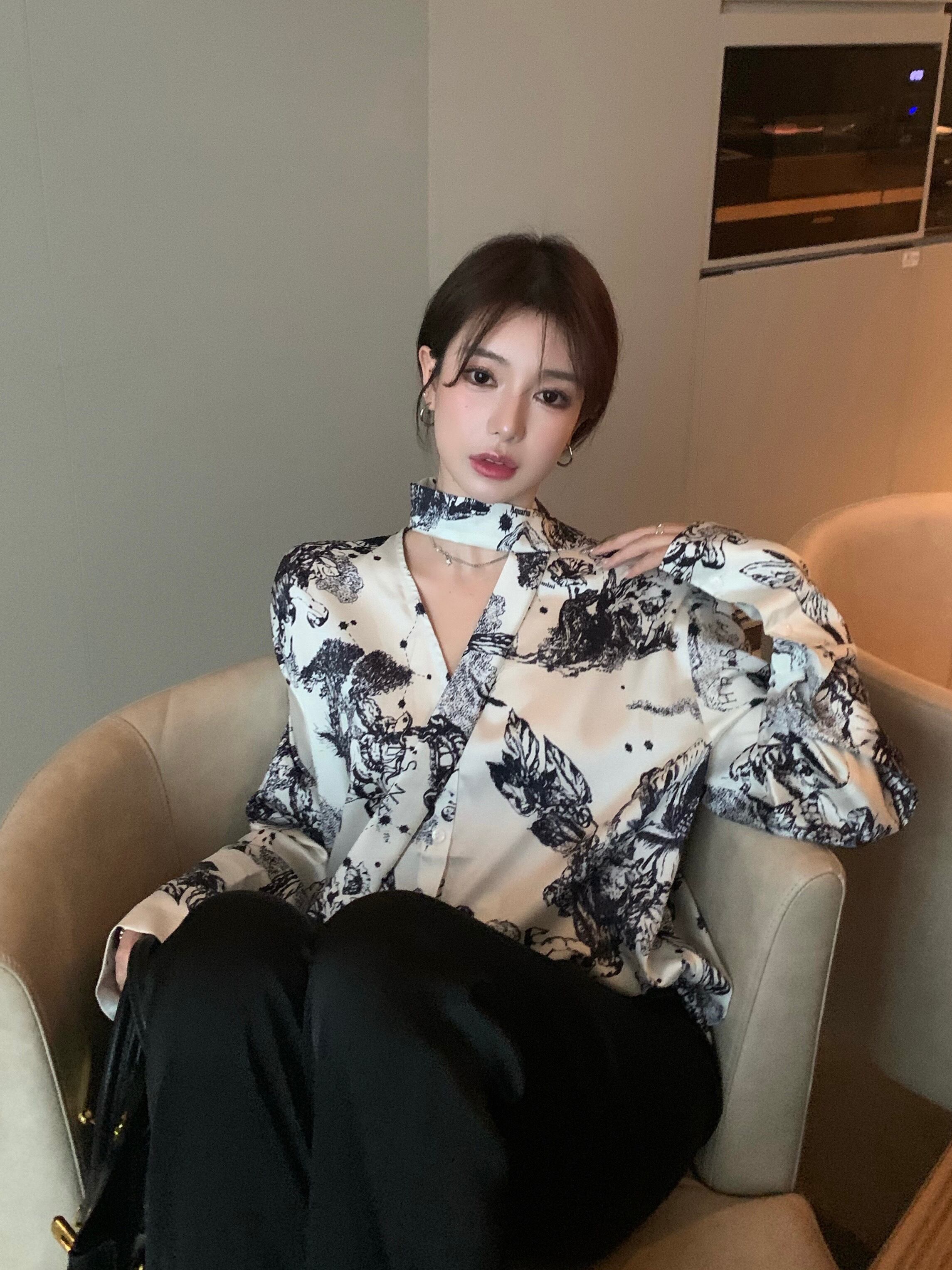 プリント柄シャツ ルーズジャケット サマートップス ロング 夏物 ブラックストロベリース14537313673