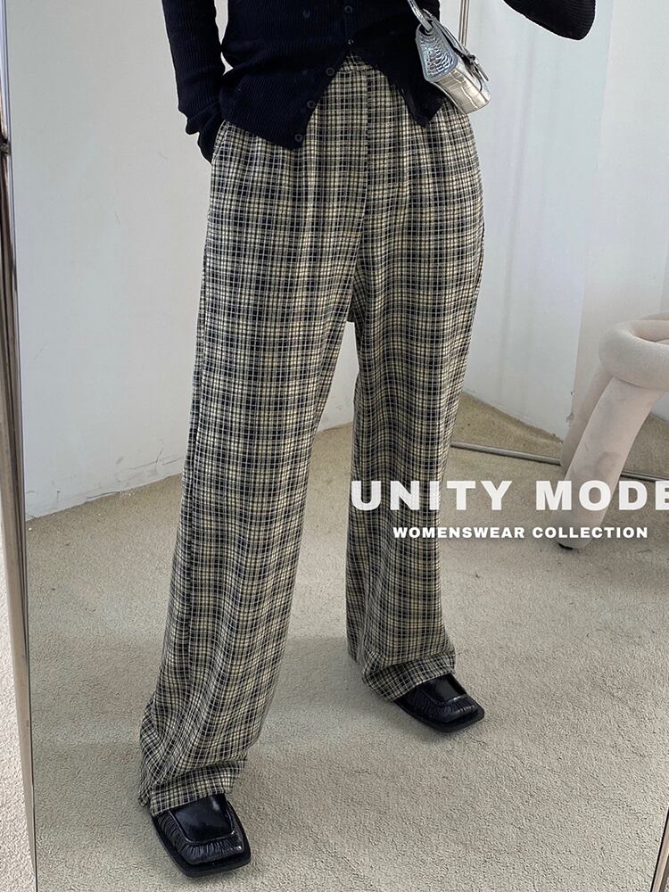 ギャザーストレッチハイウェストウェスト格子柄パンツ オータムルーズ薄手カジュアル エラスティック 伸縮 秋物 ビッグFスモールZ韓国60120848826