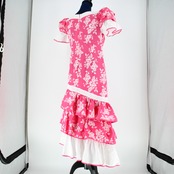 【美品 フラダンス衣装】ピンク FANCY DRESS ファンシードレス ワンピース ドレス ホワイト ハイビスカス柄 白 フリル アロハ