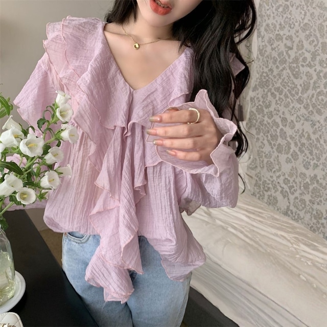 Vネック シースルー フリル ブラウス ◆5color　204597