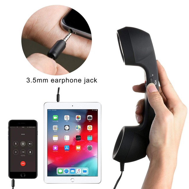 Parishop スマホ 受話器 iPhone iPad 用 携帯電話用ヘッドセットコンピューター 首に挟める アイフォン アンドロイド レトロ 電話機 3.5mm プラグ 対応 有線電話 反放射線機能 便利 (ブラック)