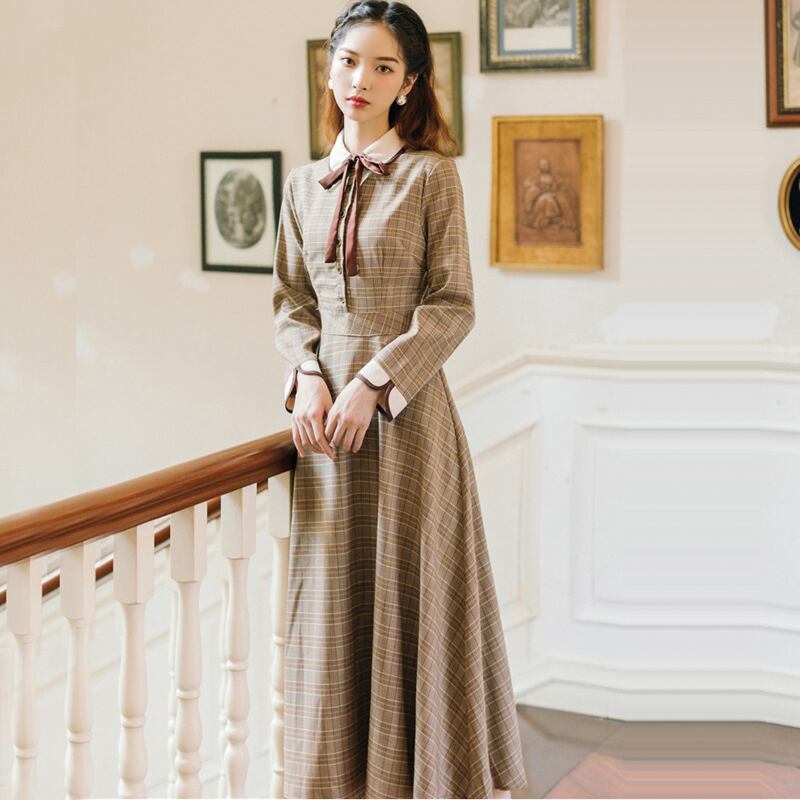 南柯夢シリーズ ロング丈ワンピース チェック柄 ドレス リボン 秋冬 デート 通勤 Ol S M L Xl Elegant
