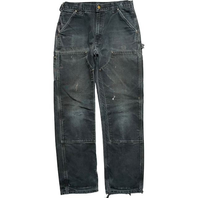 《実寸 W31 L30》 Carhartt カーハート ペインターパンツ ワークパンツ ダブルニー  フェード ブラック ダメージ ペイント リペア有 一点物 USA製 no.10588