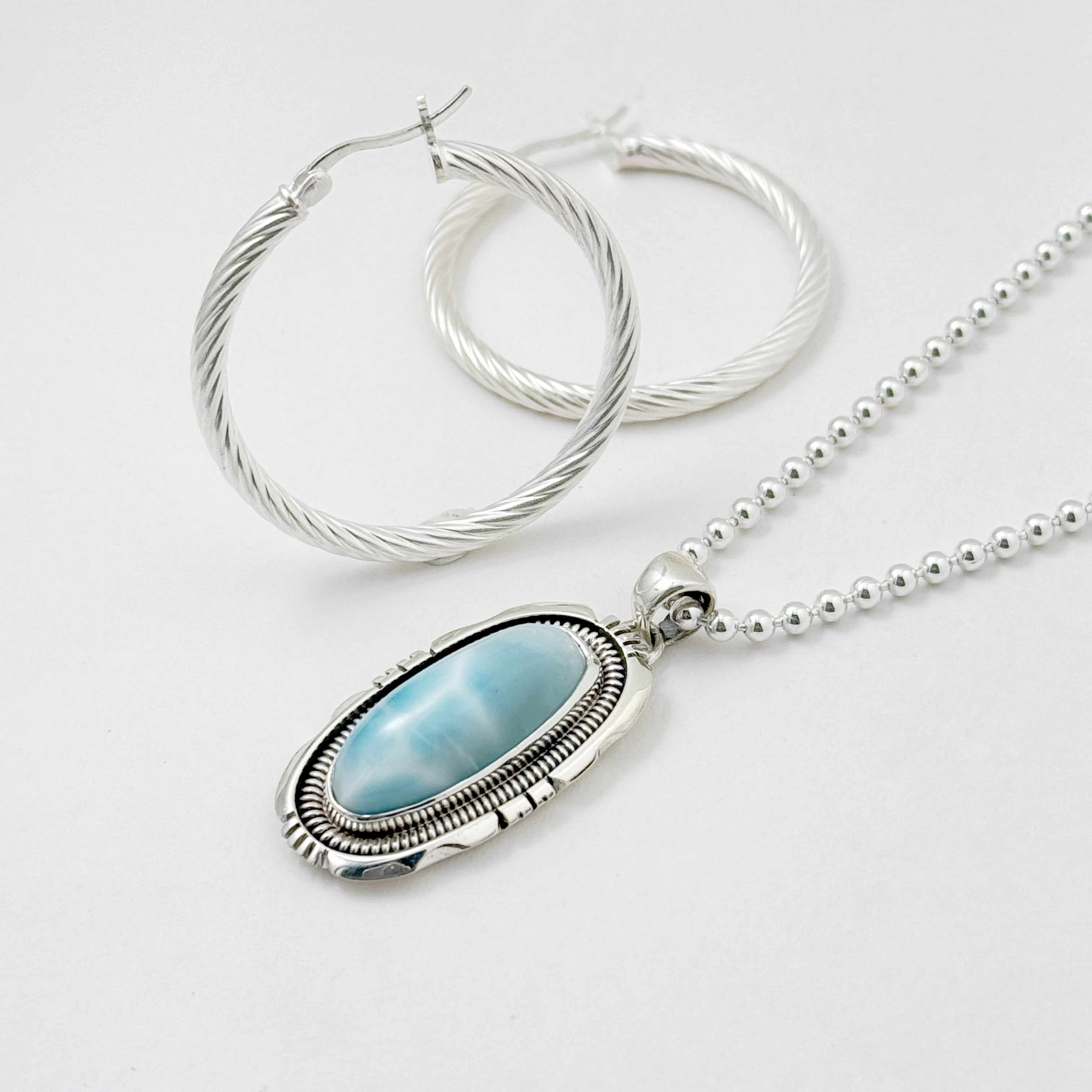 Indian Jewelry 》一点物 ラリマー ロングオーバル ペンダント