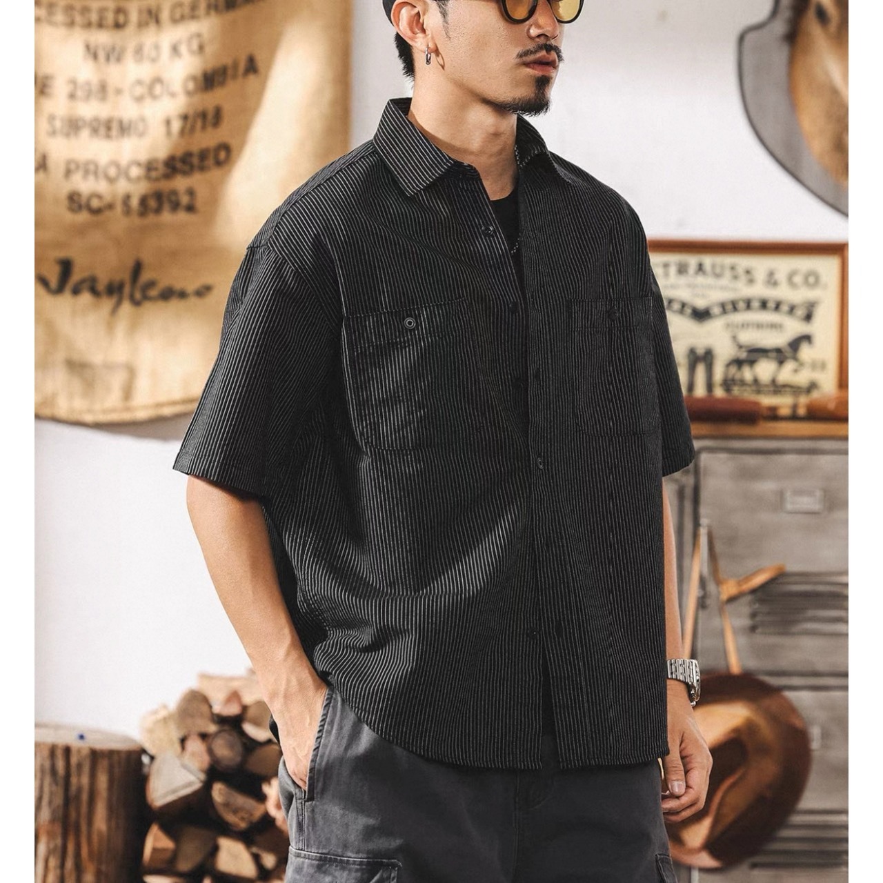 Stripe double pocket work shirt 1452 - 6