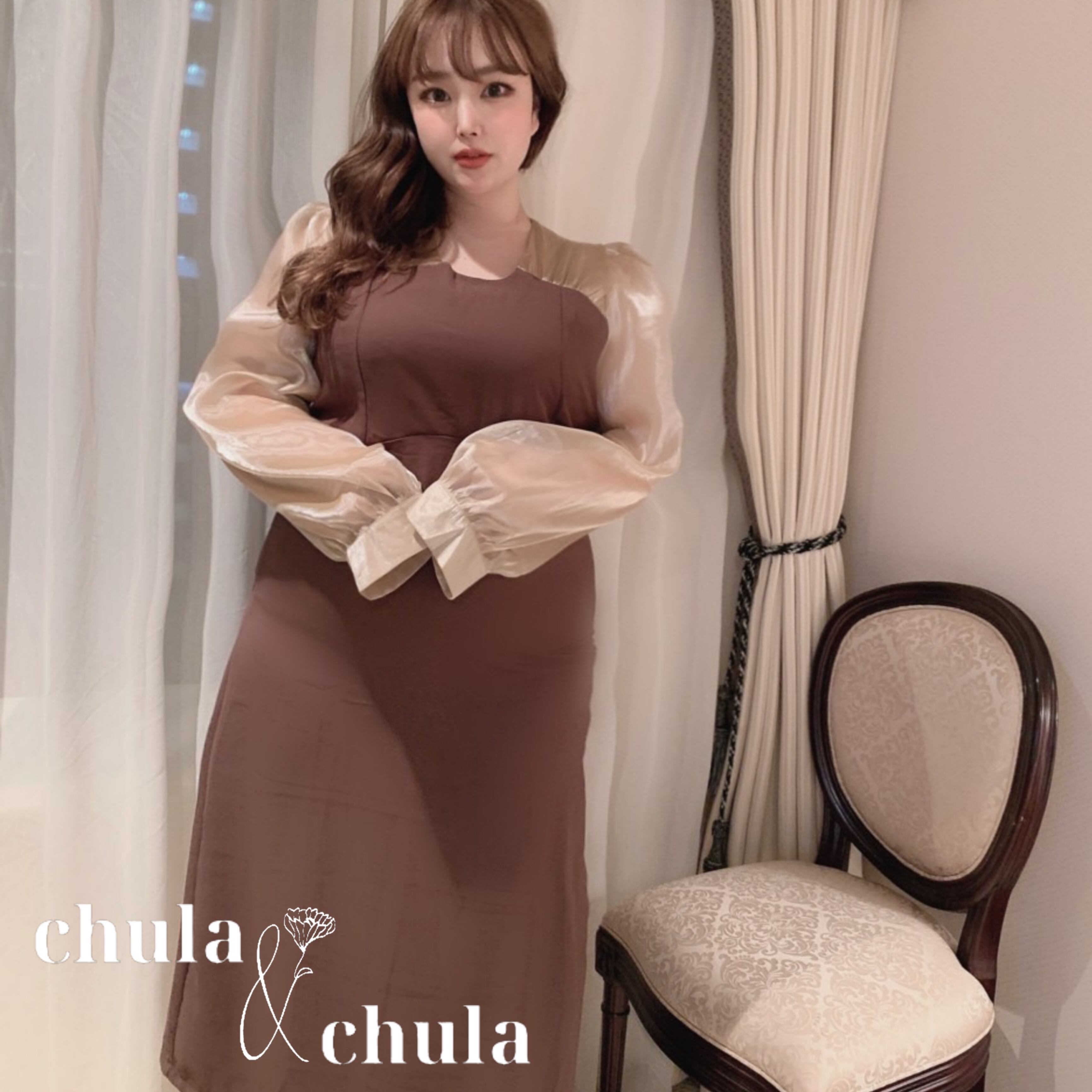 1 発売 大きいサイズ レディース韓国ファッション ワンピース Aラインスカート スリム フレンチスタイル ブラウン Ch3172 可愛い大きいサイズ韓国レディースファッション Chulachula チュラ チュラ