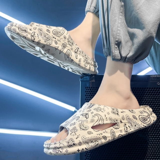 予約販売】サンダル メンズ ペイズリー柄 フラット スリッパ ブラック