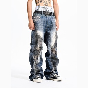 【DRIP6895】F3X Snake Print Washed Distressed Wide Denim Pants