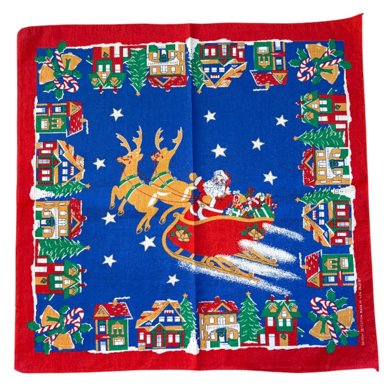 ❤︎クリスマスバンダナ❤︎ 70's USA製 クリスマス バンダナ サンタ ソリ トナカイ 片耳 コの字