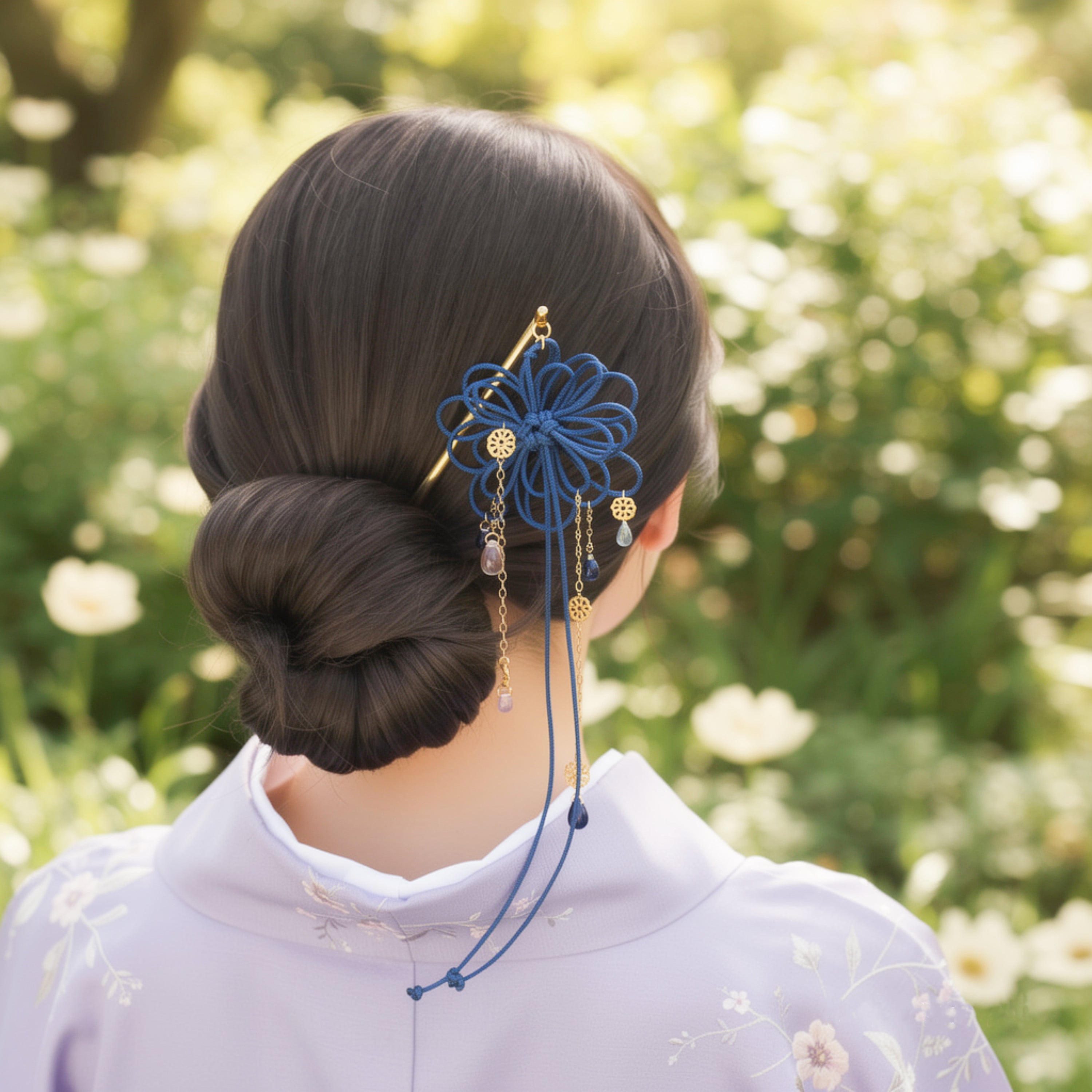 飾り結びかんざし「涼とみつ」【+チェコビーズ】浴衣・着物・フォーマルな和装ヘアに。