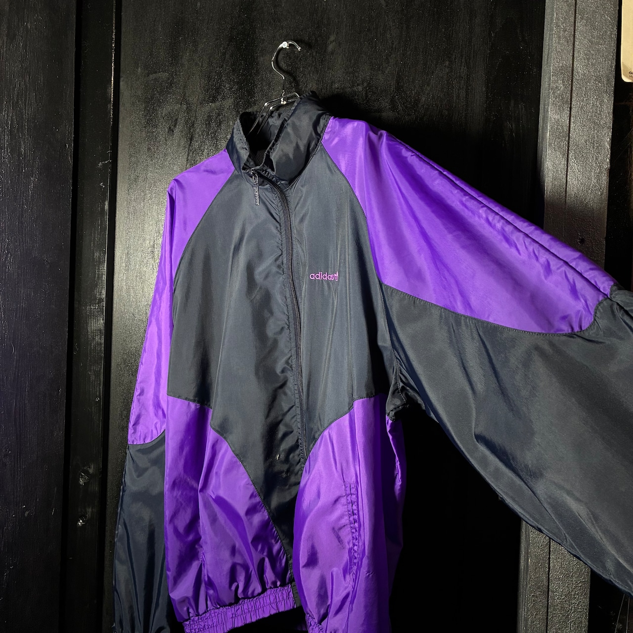 90s adidas ナイロンジャケット パープル×ブラック 切り替えデザイン トレフォイル