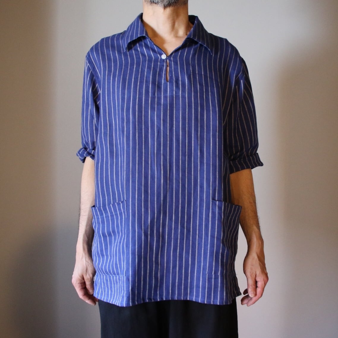 James Mortimer ストライプ長袖シャツ Sサイズ バンドカラーシャツ THOMAS MASON Gold Linen｜James Mortimer