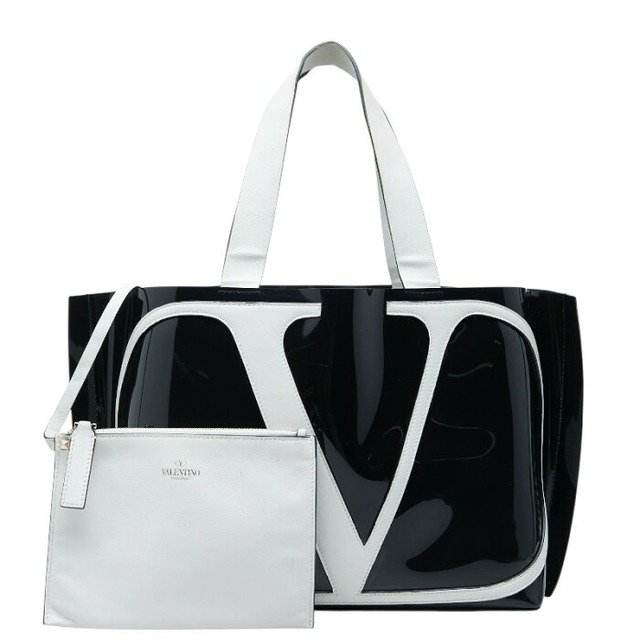 ヴァレンティノ Vロゴ ミディアム トートバッグ ハンドバッグ ブラック ホワイト PVC レザー レディース VALENTINO 【中古】