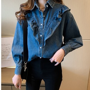 トップス レディース 送料無料 シャツ ブラウス 袖あり 長袖 ボリューム袖 パフスリーブ 襟付き ストレート フリル 前開き デニム ブルーデニム かわいい 大人可愛い きれいめ シンプル カジュアル 上品 おしゃれ アジアン エスニック 大人女子 こなれ感 クール モード系 エレガント モダン 存在感 M L XL 2XL 3XL 4XL 大きいサイズ ゆったり 青 ブルー 水色 無地 春 秋 冬 10代 20代 オフィス ビジネス OL デート お出かけ 休日 イベント 普段使い 韓国系 オルチャン