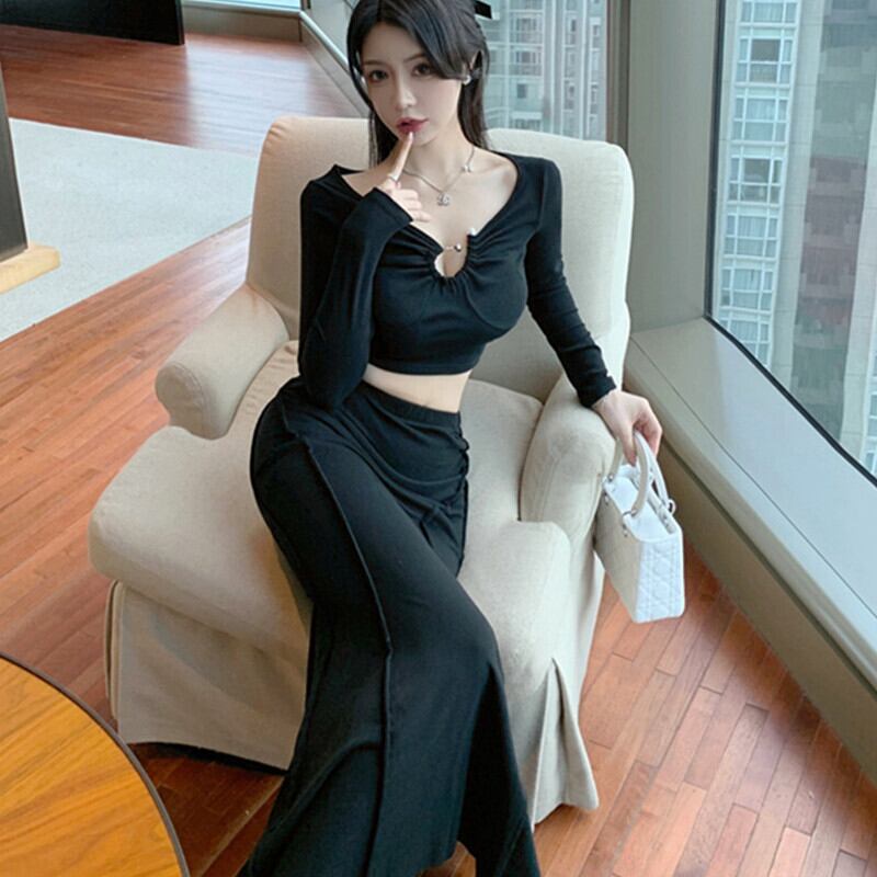 Vネックショートニットトップス レディースハイウェストウェストスカート オータム ロング ストリート 秋物 ガールズファッション12123230899