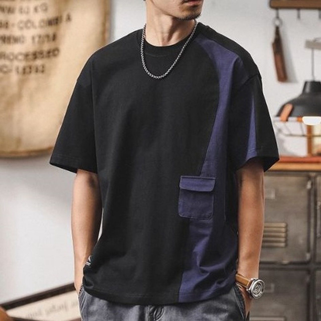 Bicolor Switch Design Short Sleeve Crew Neck T-Shirt ◇H0565