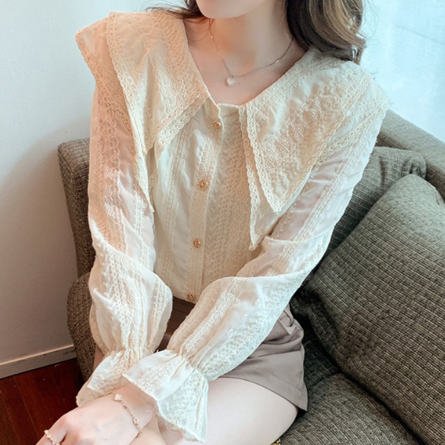 刺繍レースティアードビッグカラーブラウス ・78853