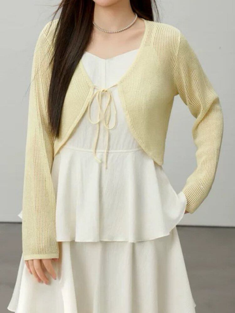 透け感×差し色で夏支度ばっちり メッシュカラーカーディガン 長袖 メッシュ リボン 透け感 お洒落 大人可愛い カジュアル 羽織り レイヤード 体型カバー 大きいサイズ 韓国 CH10693